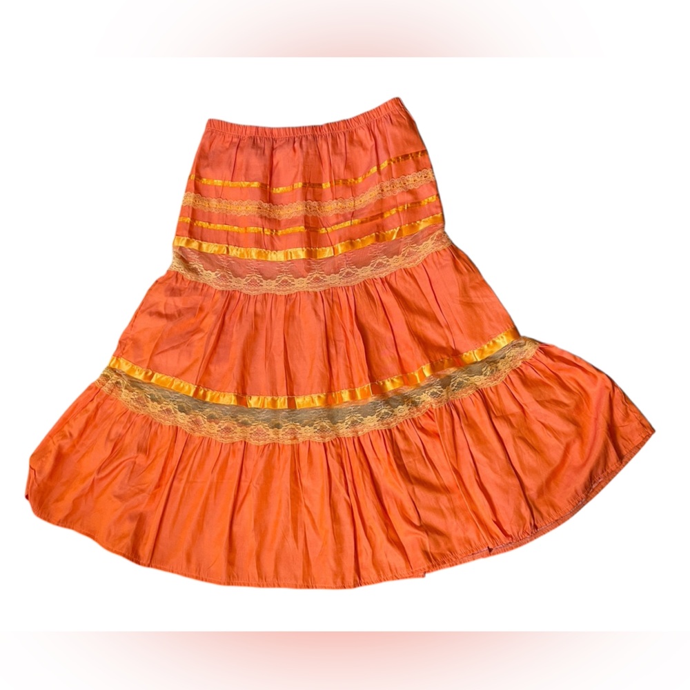 Compliments Vintage Y2K Orange Lace Ribbon Hippie Boho Gypsy Tiered Skirt